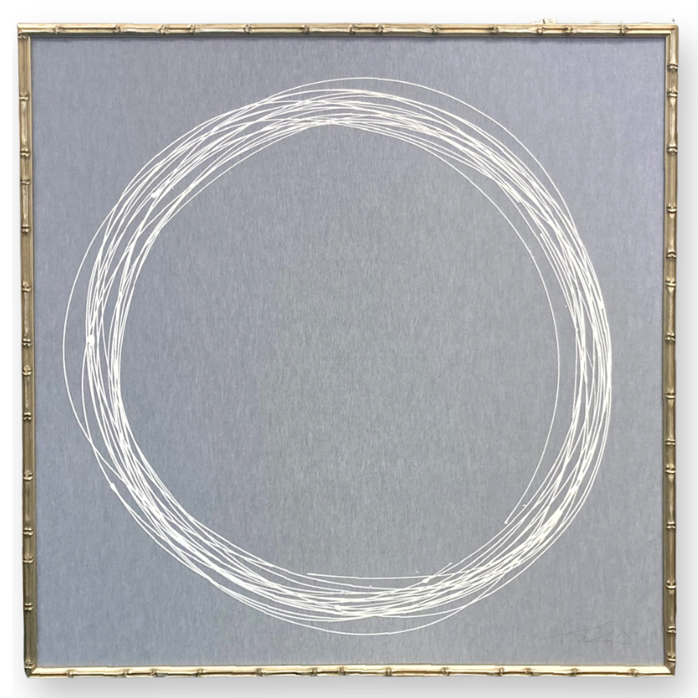 WHITE CIRCLE ON BLUE/GRAY SILK